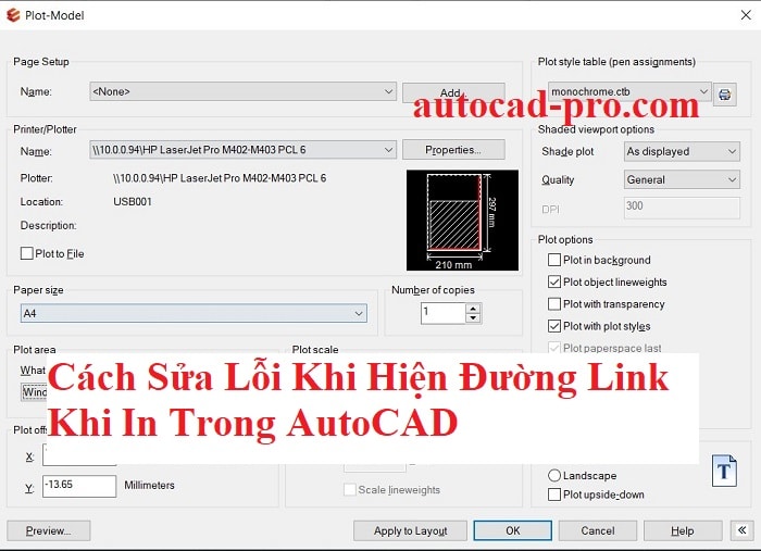 Cách Sửa Lỗi Khi Hiện Đường Link Khi In Trong AutoCAD